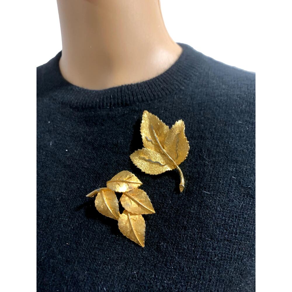 Vintage 50s Gold Tone Leaf Brooch Pins BSK Lot 2 Mid Century